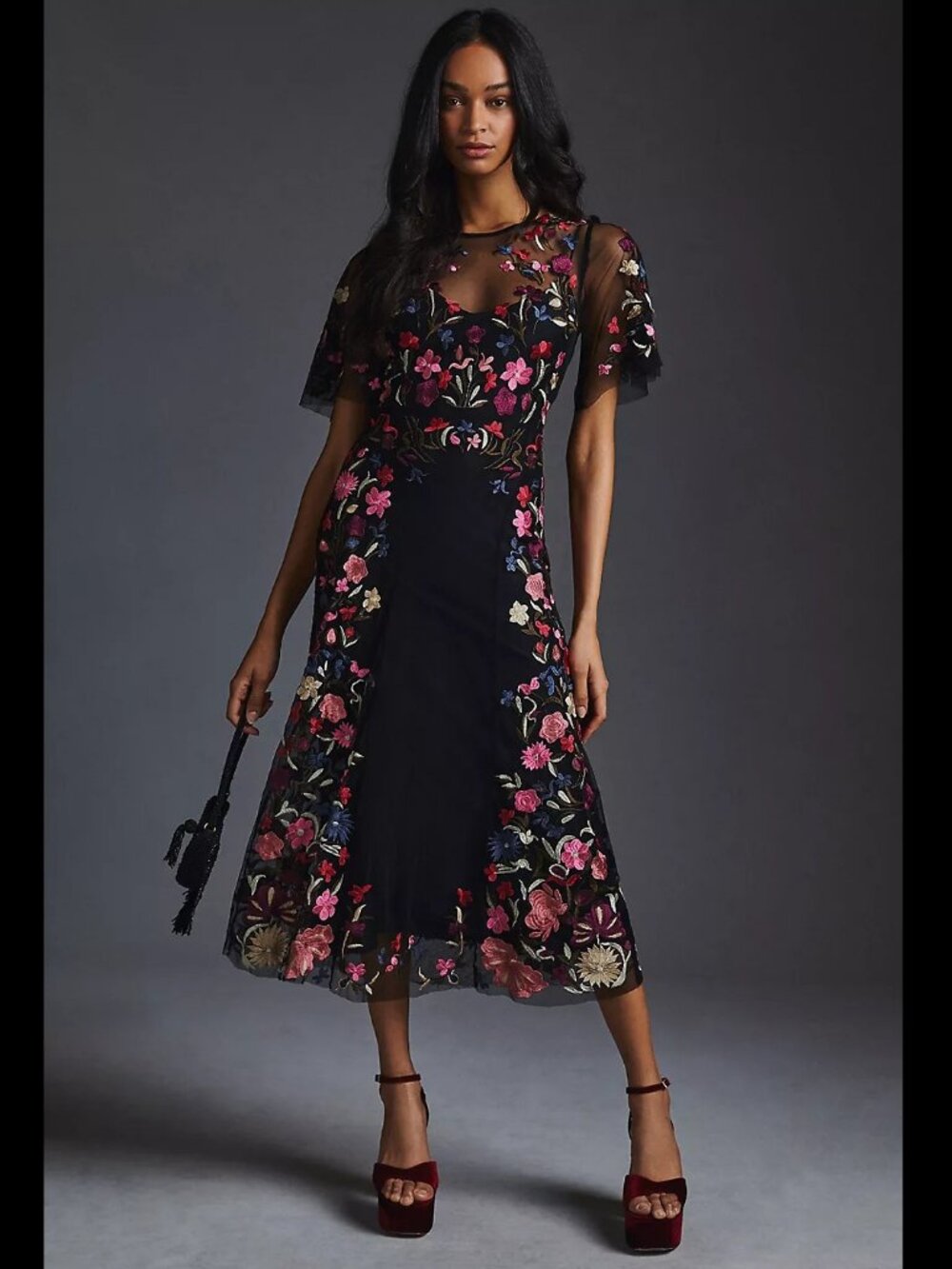 Anthropologie Black Multi-Color Embroidered Floral Dress Sz 0